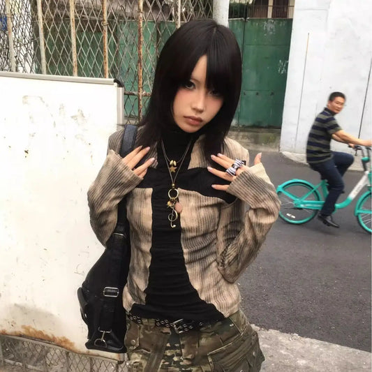 Cathy Dollette  Japanese Tshirt  Long Sleeve Patchwork Tie Dye Tee Top Asethetic Grunge TopAmerican Retro 90s