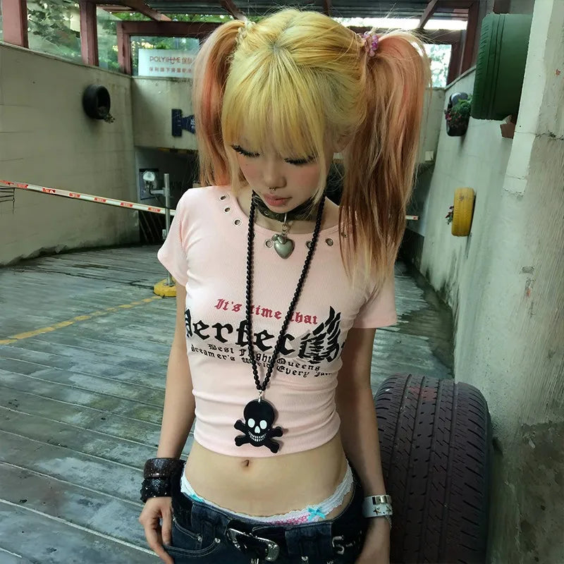 Cathy Dollette Japanese  Letter Print  Trashy 2000s Style Crop Top Vintage Harajuku Pink Tshirt Bandage Backless American 90s