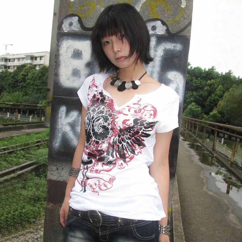 Cathy Dollette Japanese  Tattoo Print  Vintage Harajuku V-neck TopTrashy 2000s Style Short Sleeve Tee Shirt Grunge American