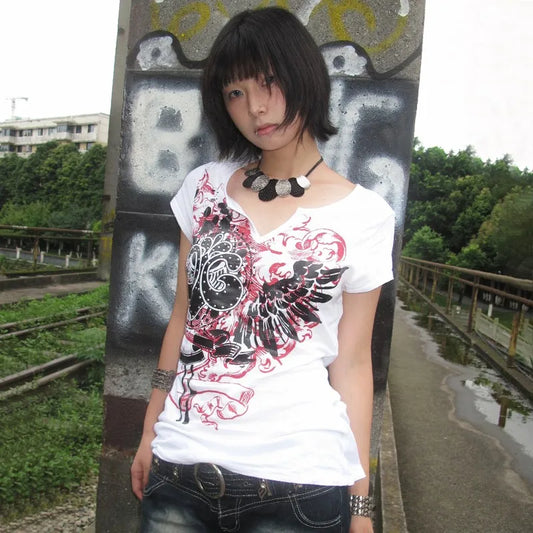 Cathy Dollette Harajuku Grunge V-neck Short Sleeve Tee