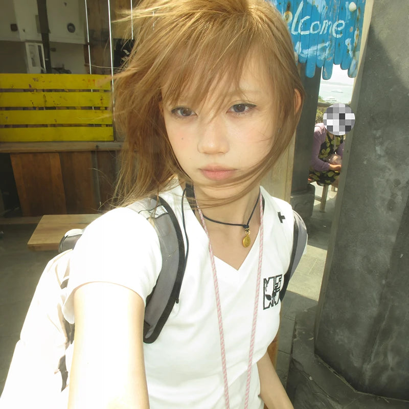 Cathy Dollette Japanese  V-neck Top2000s Style Embroidered White  Vintage Harajuku Short Sleeve Tee Shirt American Retro