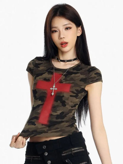 Cathy Dollette Camouflage Cross Graphic T Shirts Woman Clothing Short Sleeve Slim Korean Fashion 2000s Clothes  Print Summer Tops