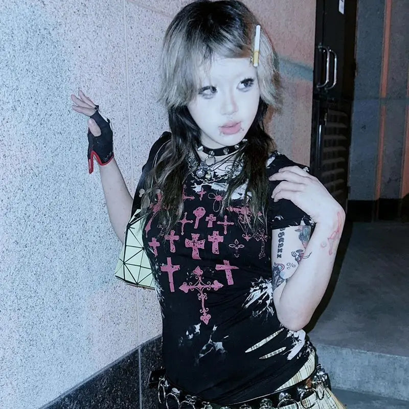 Cathy Dollette Gothic Graphic T Shirts Woman Clothes Short Sleeve Japan Style 2000s Clothes  Summer TopBlack Tees Female Clothing