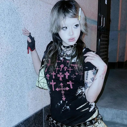 Cathy Dollette Gothic Graphic T Shirts Woman Clothes Short Sleeve Japan Style 2000s Clothes  Summer TopBlack Tees Female Clothing