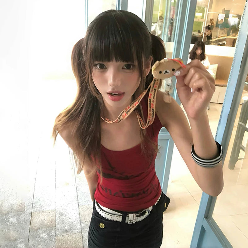 Cathy Dollette Japanese  Letter Print Tank Top Trashy 2000s Style Red Tanktop Vintage Harajuku Sleeveless Crop Top American Retro