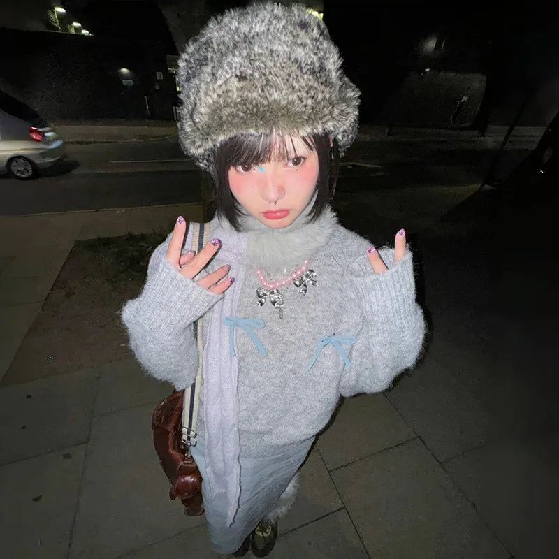 Cathy Dollette Japanese  Bow-knot Sweater Korean Style Gray Cropped Pullover Vintage Harajuku Knit Jumper 2000s s Knitwears
