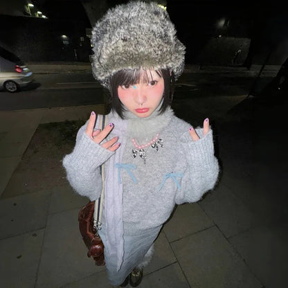 Cathy Dollette Japanese  Bow-knot Sweater Korean Style Gray Cropped Pullover Vintage Harajuku Knit Jumper 2000s s Knitwears