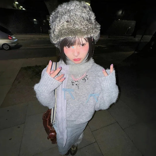 Cathy Dollette Japanese  Bow-knot Sweater Korean Style Gray Cropped Pullover Vintage Harajuku Knit Jumper 2000s s Knitwears