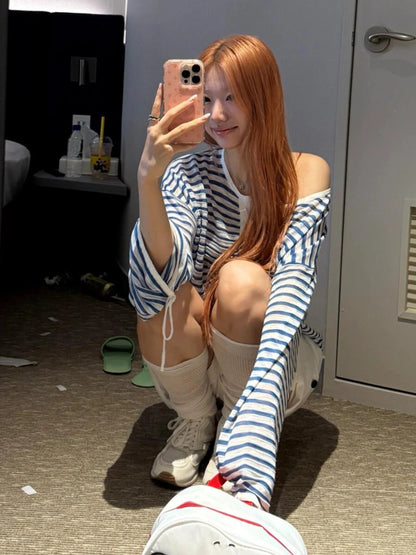 Cathy Dollette Korean Style Striped   Long Sleeve See Through Tee Top  Grunge TopJapanese 2000s
