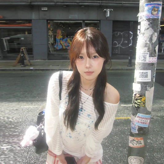 Cathy Dollette Harajuku Print Star   Long Sleeve Loose Casual Shirts See Throught  Japanese Fairycore Tshits Grunge