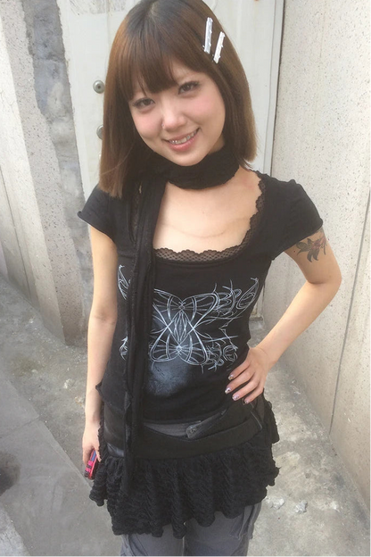 Cathy Dollette Japanese  Tattoo Print  Grunge s Lace Patchwork Short Sleeve T Shirt Vintage Gothic Black Crop Tops