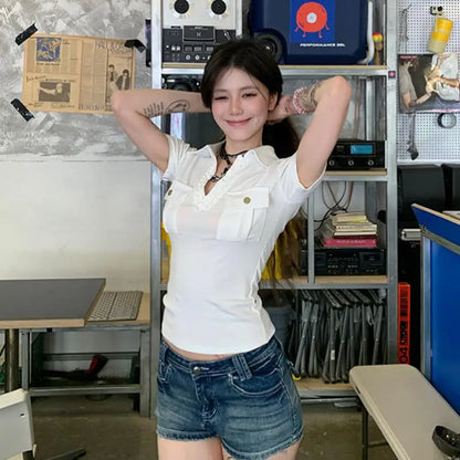 Cathy Dollette Harajuku Vintage T Shirt  Short Sleeve Slim Pocket  American Retro 90s Crop Top V Neck Tee Tops