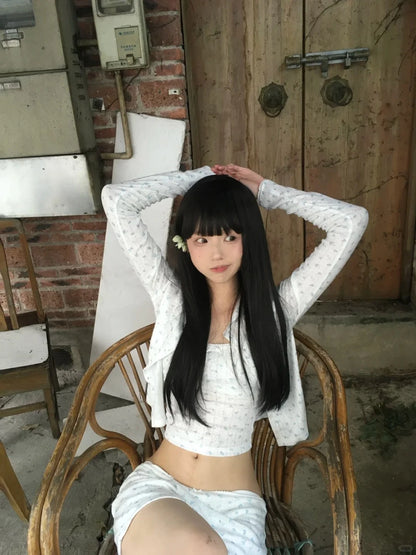 Cathy Dollette Korean 2000s Three Pieces Set Fairycore Floral Cardigan+ Camis+mini Skirts Skinny  Japanese Skirt Sets  2000s