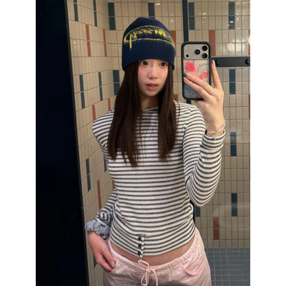 Cathy Dollette Japanese    Long Sleeve Striped Crop TopKorean Style Grunge Top2000s  Tshirts Streetwear