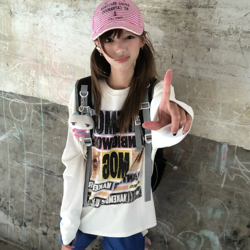 Cathy Dollette Japanese  Letter Print  2000s s Graphic Long Sleeve Tshirt Vintage Harajuku Streetwear American Retro