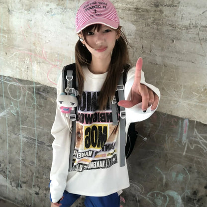 Cathy Dollette Japanese  Letter Print  2000s s Graphic Long Sleeve Tshirt Vintage Harajuku Streetwear American Retro
