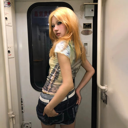 Cathy Dollette Japanese  Anime Print  Vintage Harajuku Short Sleeve Mesh TopTrashy 2000s Style Crop TopAmerican Retro 90s