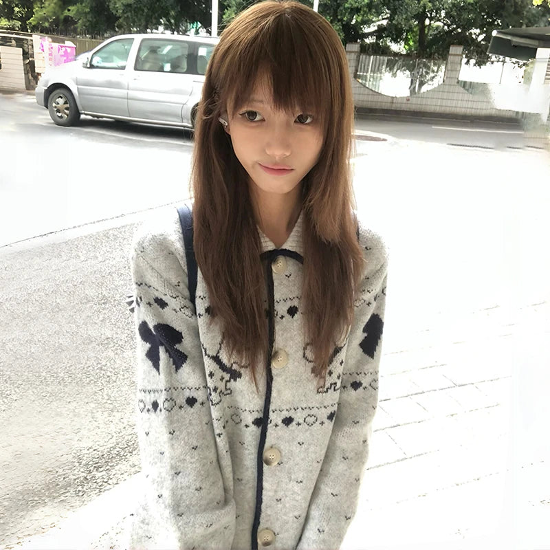Cathy Dollette Japanese  Puppy Embroidered Cardigan 2000s Style Turn-down Collar Knitted Outerwears Vintage Harajuku Knitwear Korean