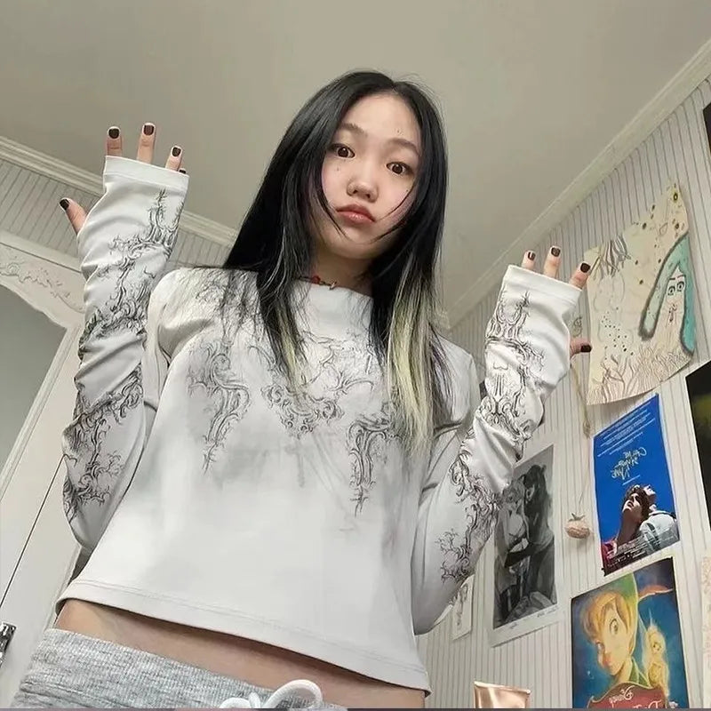 Cathy Dollette Japanese  Tattoo Print  Grunge s Long Sleeve T Shirts Vintage Harajuku Distressed TopAmerican Retro