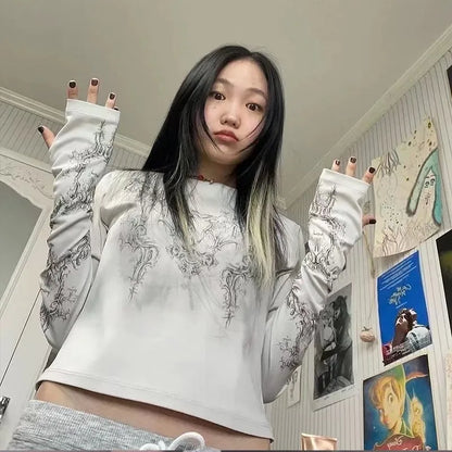 Cathy Dollette Japanese  Tattoo Print  Grunge s Long Sleeve T Shirts Vintage Harajuku Distressed TopAmerican Retro