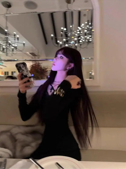 Cathy Dollette Black Sexy Back Hollow Out 's  Goth Long Sleeve Slim 2000s Clothes  Tees Female Clothing Autumn TopChic