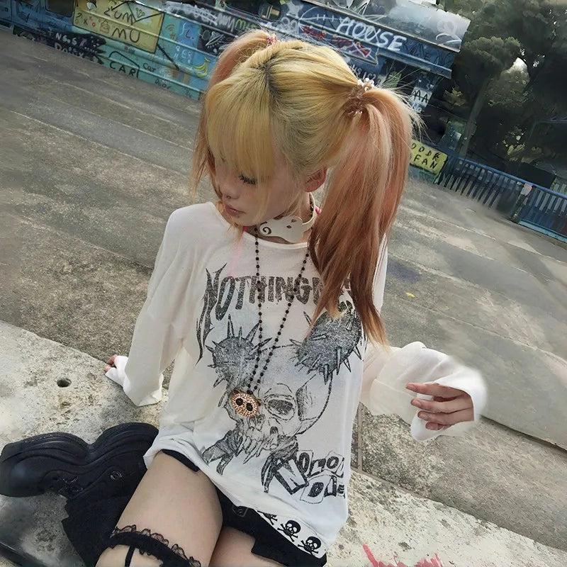 Cathy Dollette Japanese  Tattoo Print TopTrashy 2000s Style Skull Long Sleeve  Grunge Gothic Streetwear Vintage Harajuku