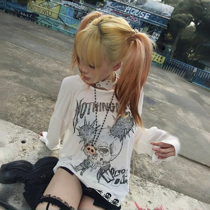Cathy Dollette Japanese  Tattoo Print TopTrashy 2000s Style Skull Long Sleeve  Grunge Gothic Streetwear Vintage Harajuku