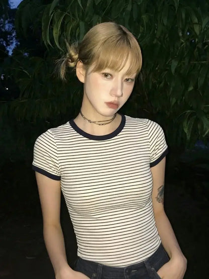 Cathy Dollette Short Sleeve Slim Striped T Shirt Streetwear Tee TopVintage American Retro Tshirts E-girls