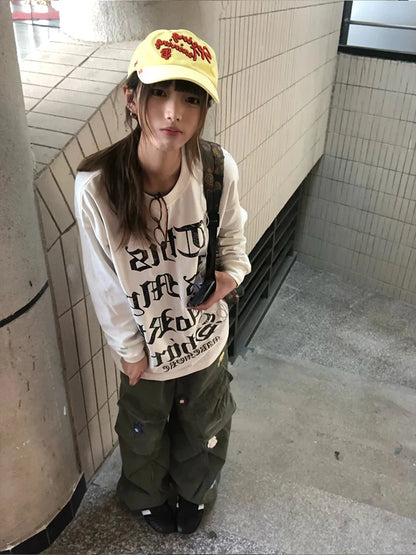Cathy Dollette Japanese    Casual Loose Print Letter Graphic TopStrretwear American Retro  Grunge Top Tee