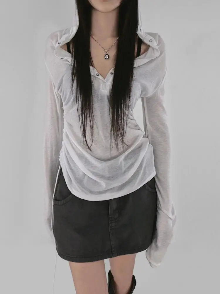 Cathy Dollette Hooded T Shirt  Clothes Long Sleeve See Through Slim 2000s Clothes  Tees Female Clothing Chic Spring TopKorean