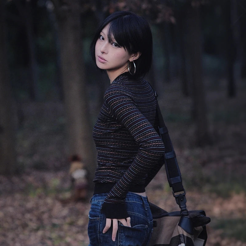 Cathy Dollette Japanese  Jacquard Knitted  Vintage Harajuku Long Sleeve Knit TopKorean 2000s Style Knitwear American Retro
