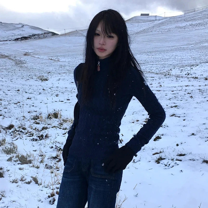 Cathy Dollette Japanese  Slim Pullover Vintage Harajuku Navy Blue Sweater 2000s Style Knitted TopKorean Fashion Knitwear Elegant