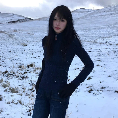Cathy Dollette Japanese  Slim Pullover Vintage Harajuku Navy Blue Sweater 2000s Style Knitted TopKorean Fashion Knitwear Elegant