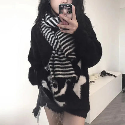 Cathy Dollette Gothic Skulls Sweater Grunge Dark s Knitted Jumper V-neck Harajuku Loose Mohair Pullover Emo Alt Knitwear