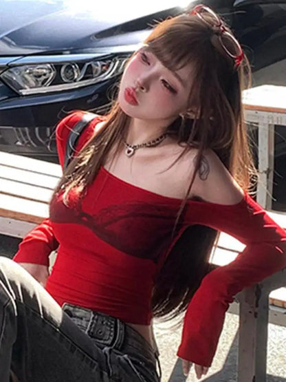 Cathy Dollette Hotsweet Off Shoulder Graphic T Shirts Long Sleeve Slim Autumn Top2000s Clothes  Tees Female Clothing  Chic