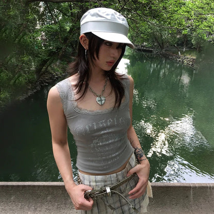 Cathy Dollette Japanese  Lace Tank Top Trashy 2000s Style Letter Print Crop Top Vintage Harajuku Knitted Tanktop American Retro 90s