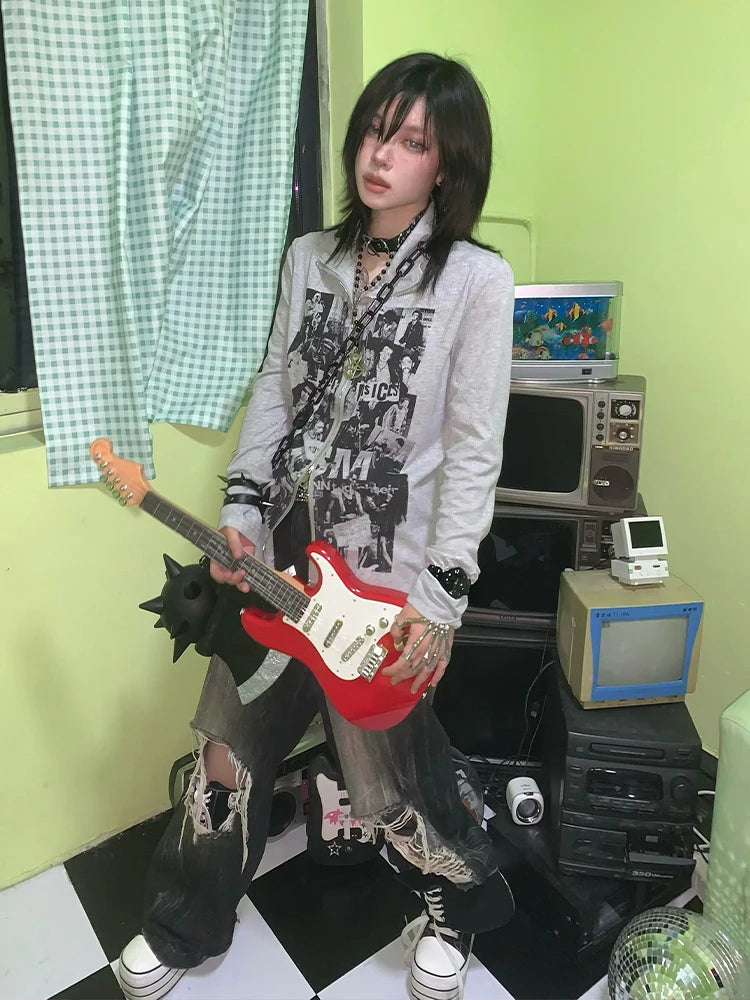 Cathy Dollette Gothic Gray T Shirt  Clothes Long Sleeve Korean Fashion Graphic T Shirts 2000s Clothes  Autumn TopGoth Tshirt