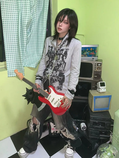 Cathy Dollette Gothic Gray T Shirt  Clothes Long Sleeve Korean Fashion Graphic T Shirts 2000s Clothes  Autumn TopGoth Tshirt