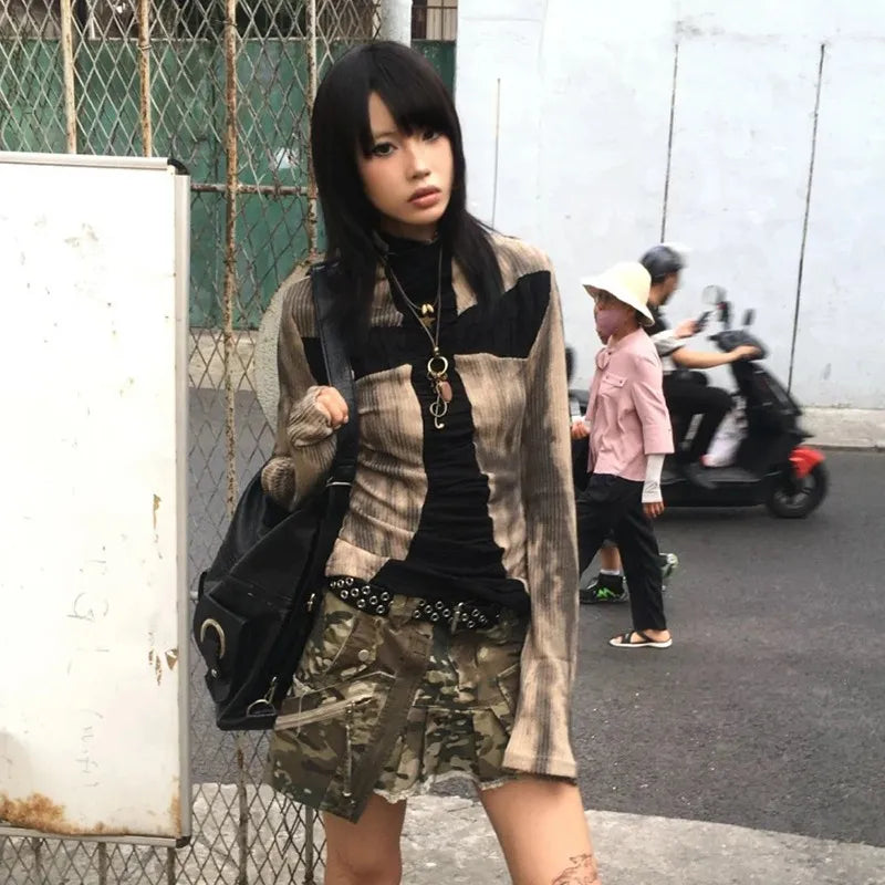 Cathy Dollette Japanese  Ribbed TopVintage Harajuku Cross Print  Grunge s Long Sleeve Patchwork TopTrashy 2000s