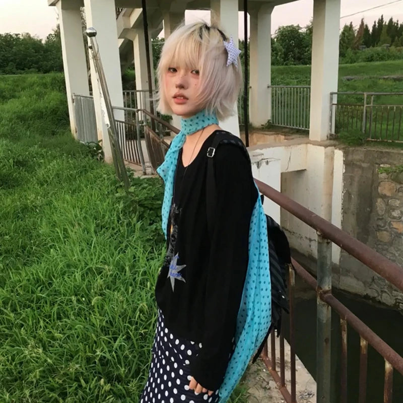 Cathy Dollette Japanese  Star Print  Vintage Harajuku Long Sleeve V-neck Top2000s s Streetwear American Retro 90s