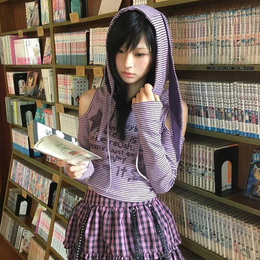Cathy Dollette Japanese  Hooded  Vintage 2000s Style Rabbit Ears TopHarajuku Purple Striped Hollow Out TopGrunge Lolita