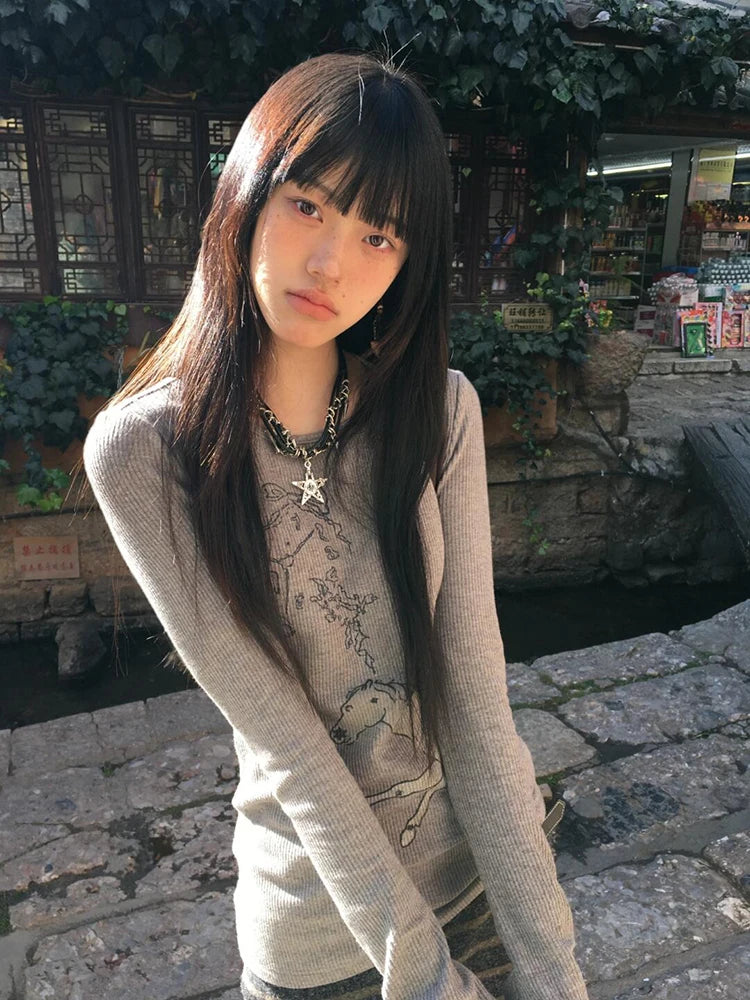 Cathy Dollette Japanese 2000s   Flare Sleeve Print Graphic TopWarm  Vintage Tee TopKorean Style Tshirts Streetwear
