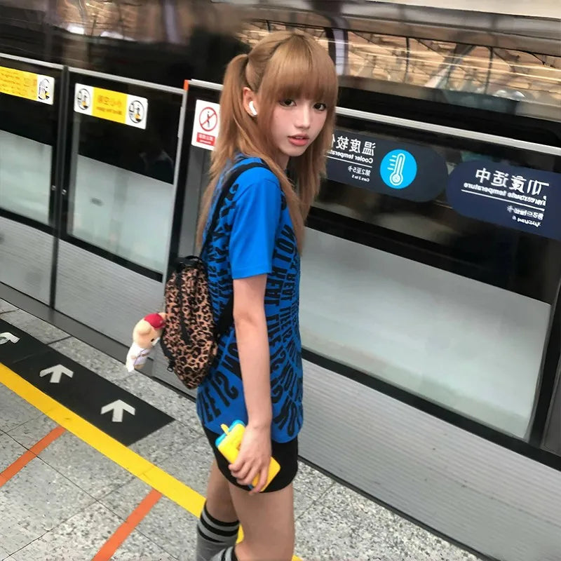 Cathy Dollette Japanese  Letter Print  Trashy 2000s Style Loose Tshirt Vintage Harajuku Short Sleeve Tee Shirt American Retro