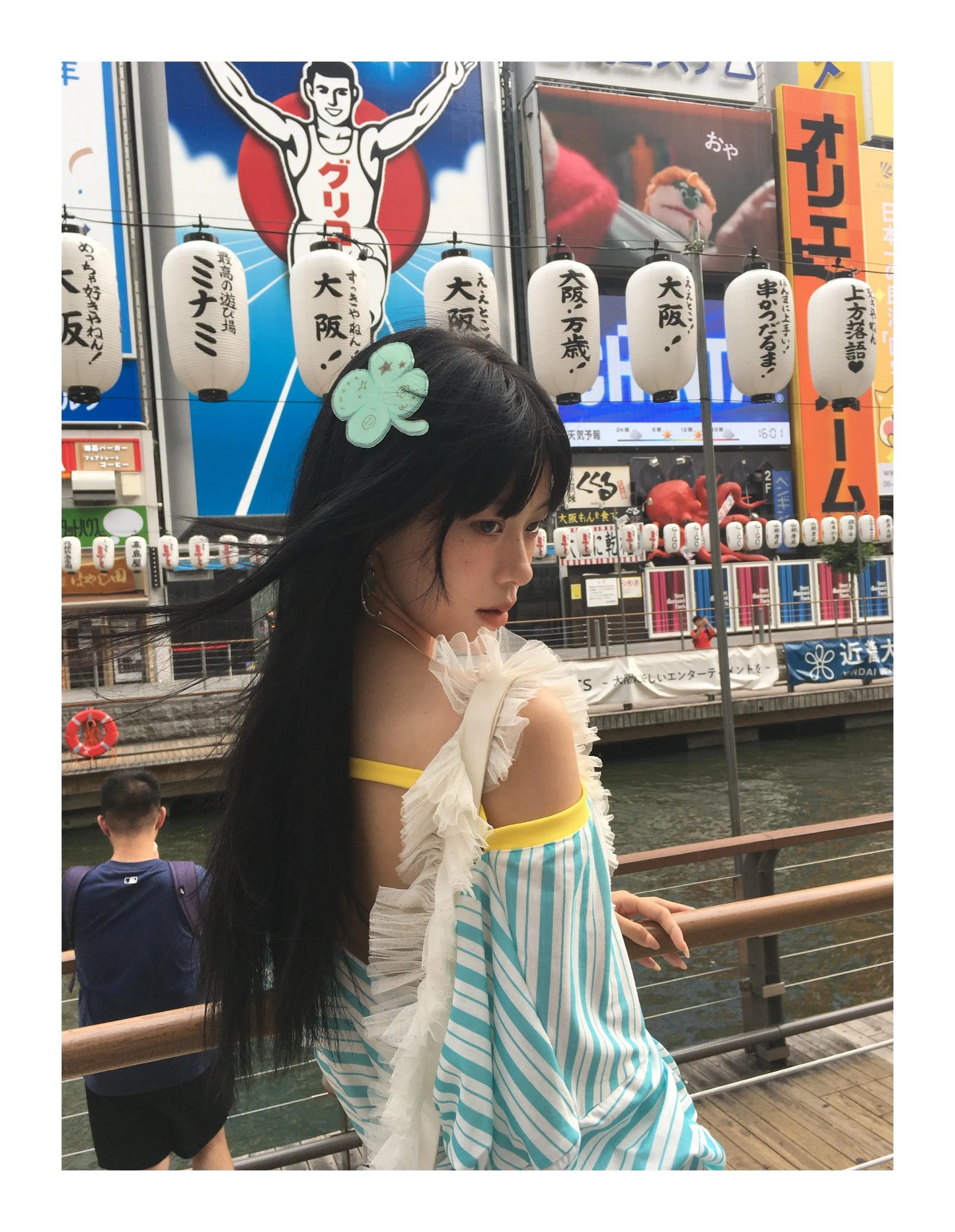 Cathy Dollette Japanese  Blue Striped  Korean 2000s Style V-neck Long Sleeve T Shirt Vintage Harajuku Off Shoulder Loose Tops