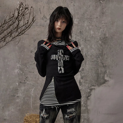 Cathy Dollette Grunge s Fake Two-piece TopTrashy  Long Sleeve Knitted TopWasteland Punk Patchwork TopGothic Vintage