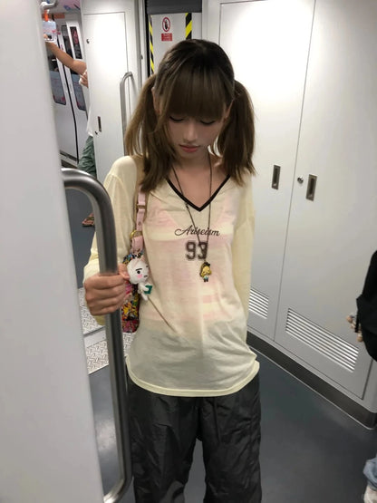 Cathy Dollette Korean Style Print   Long Sleeve Loose Casual TopSee Through  Japanese Tshirts 2000s Streetwear Tops