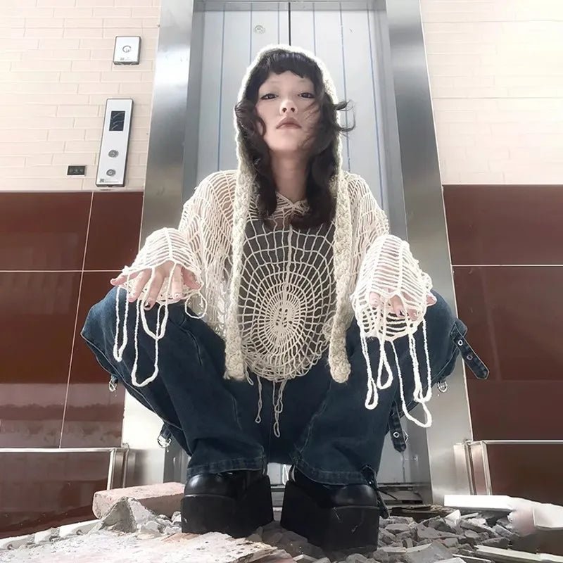Cathy Dollette Japanese  Hollow Out Knitted Top Trashy 2000s Style Spider Web Pullover Vintage Harajuku Hole Hooded Knitwear Grunge