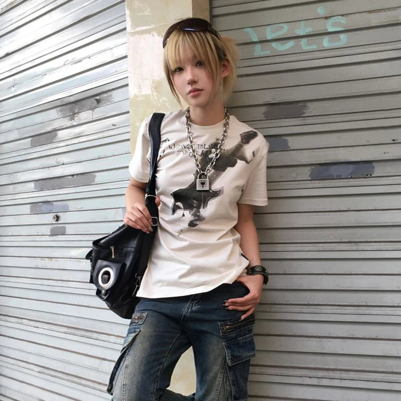Cathy Dollette Japanese  Punk Print  Trashy 2000s Style Short Sleeve Tee Shirt Grunge s Streetwear American Retro