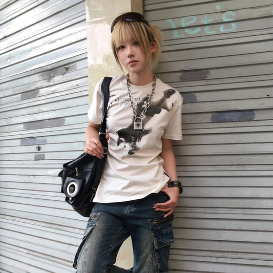 Cathy Dollette Japanese  Punk Print  Trashy 2000s Style Short Sleeve Tee Shirt Grunge s Streetwear American Retro