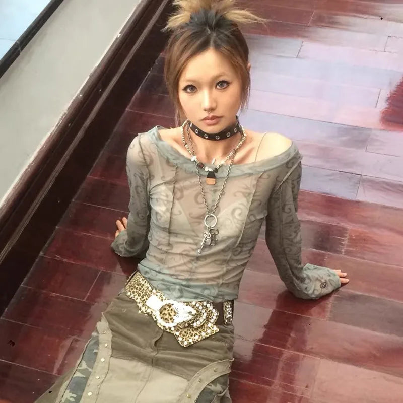 Cathy Dollette Grunge s Mesh TopJapanese  Sheer TopVintage Harajuku See Through Crop Top Korean Fashion Tie Dye